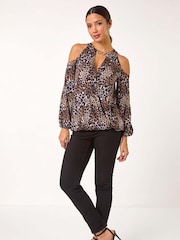 Roman Brown Animal Print Cold Shoulder Stretch Top - Image 1 of 5