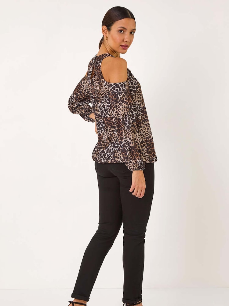 Roman Brown Animal Print Cold Shoulder Stretch Top - Image 2 of 5