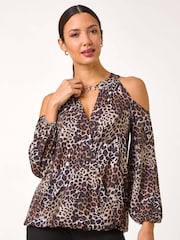 Roman Brown Animal Print Cold Shoulder Stretch Top - Image 3 of 5