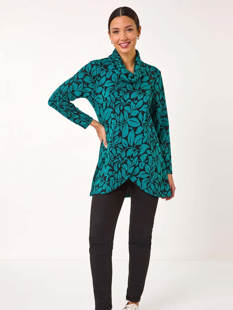 Roman Blue Leaf Print Cowl Neck Top - Image 2 of 5