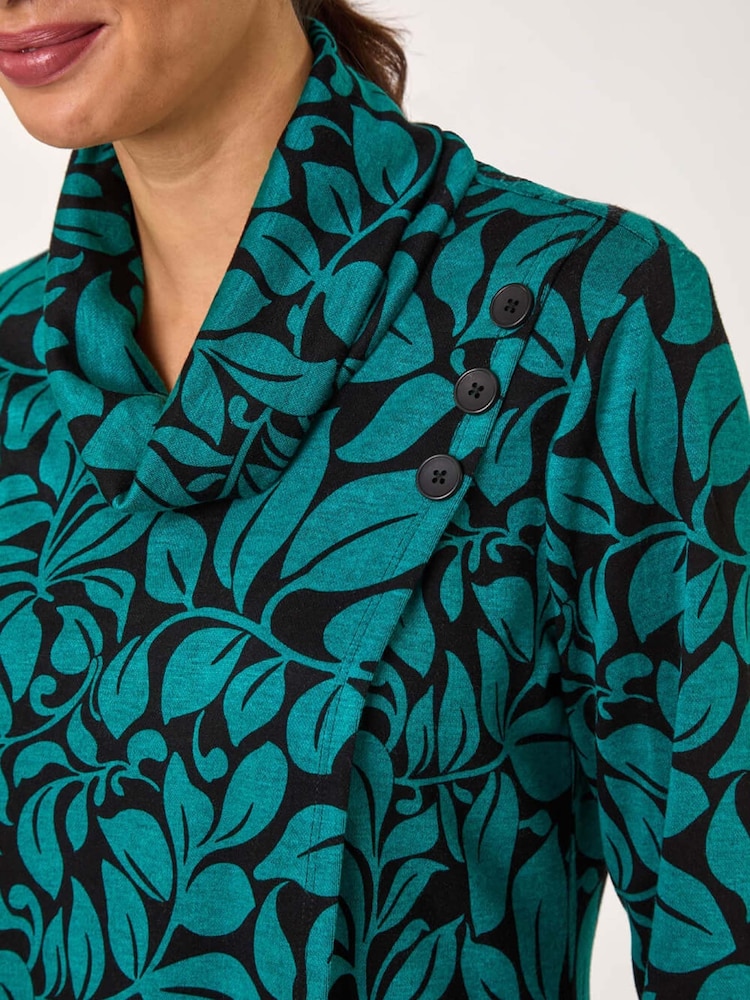 Roman Blue Leaf Print Cowl Neck Top - Image 5 of 5