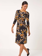 Roman Yellow Abstract Side Ruched Dress - Image 1 of 5