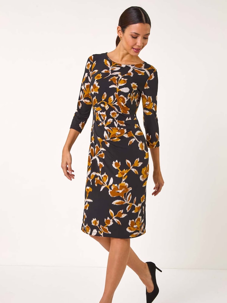 Roman Yellow Abstract Side Ruched Dress - Image 1 of 5