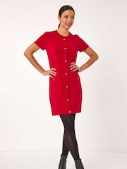 Roman Red Knitted Button Detail A-Line Dress - Image 1 of 5