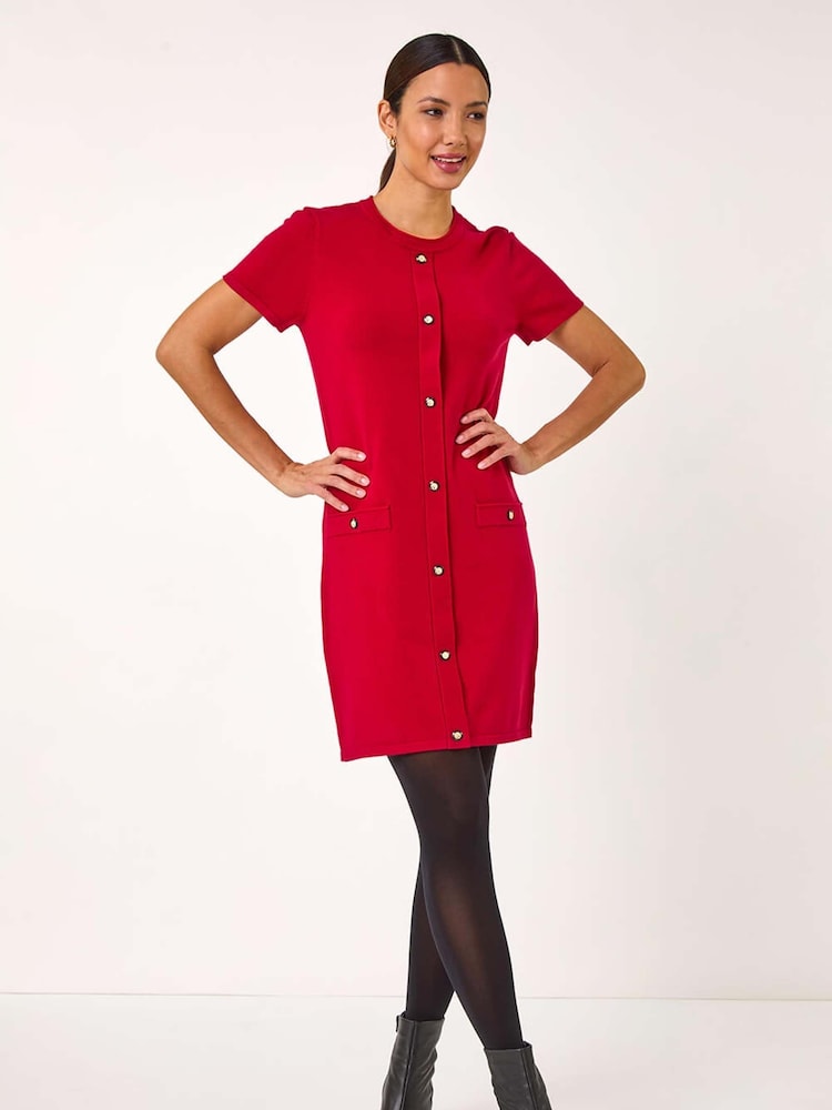 Roman Red Knitted Button Detail A-Line Dress - Image 1 of 5