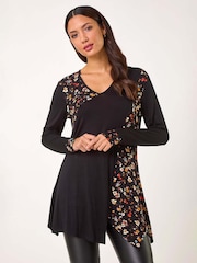 Roman Black Floral Print Contrast Panel Top - Image 1 of 5