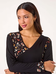 Roman Black Floral Print Contrast Panel Top - Image 4 of 5