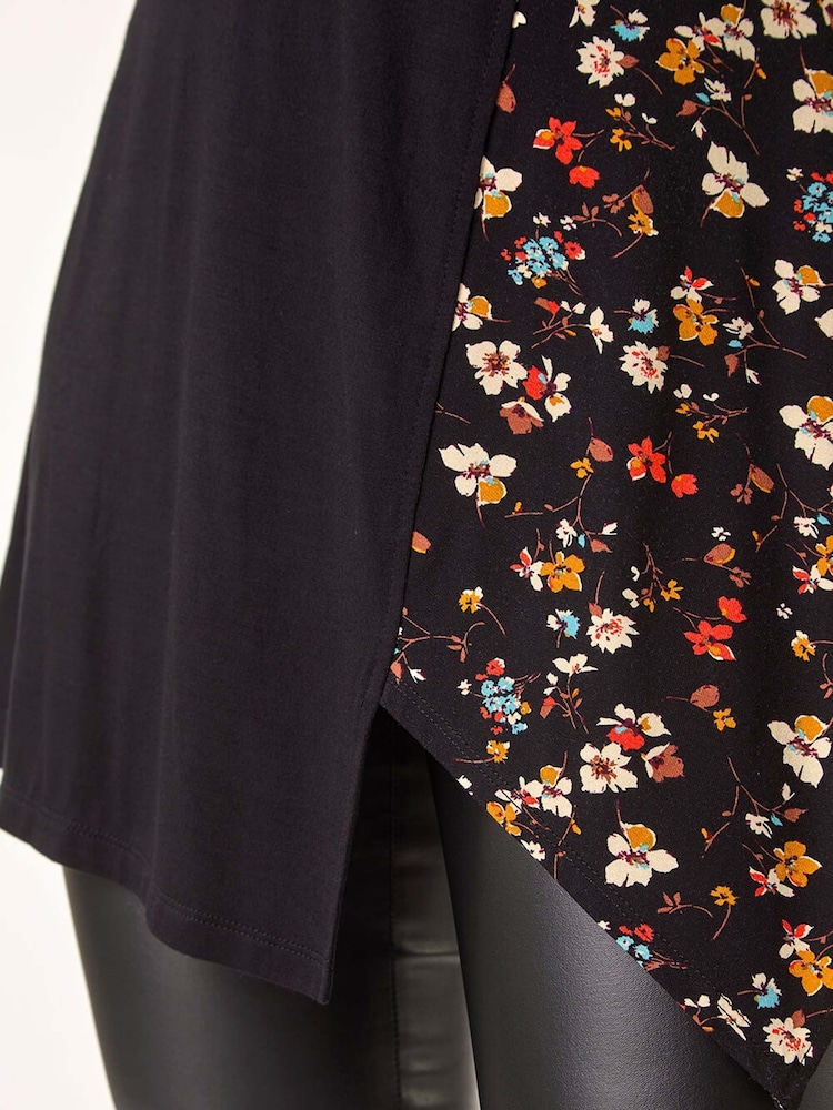 Roman Black Floral Print Contrast Panel Top - Image 5 of 5