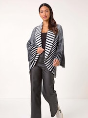 Roman Black Shawl Fluffy Striped Knit Cardigan - Image 1 of 5