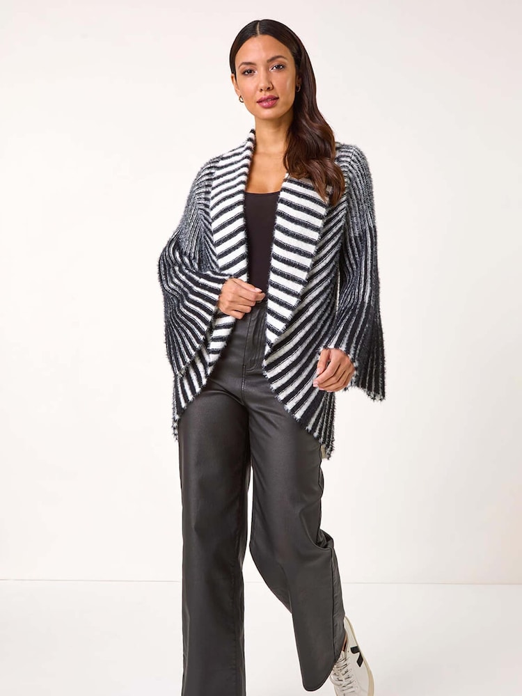 Roman Black Shawl Fluffy Striped Knit Cardigan - Image 1 of 5