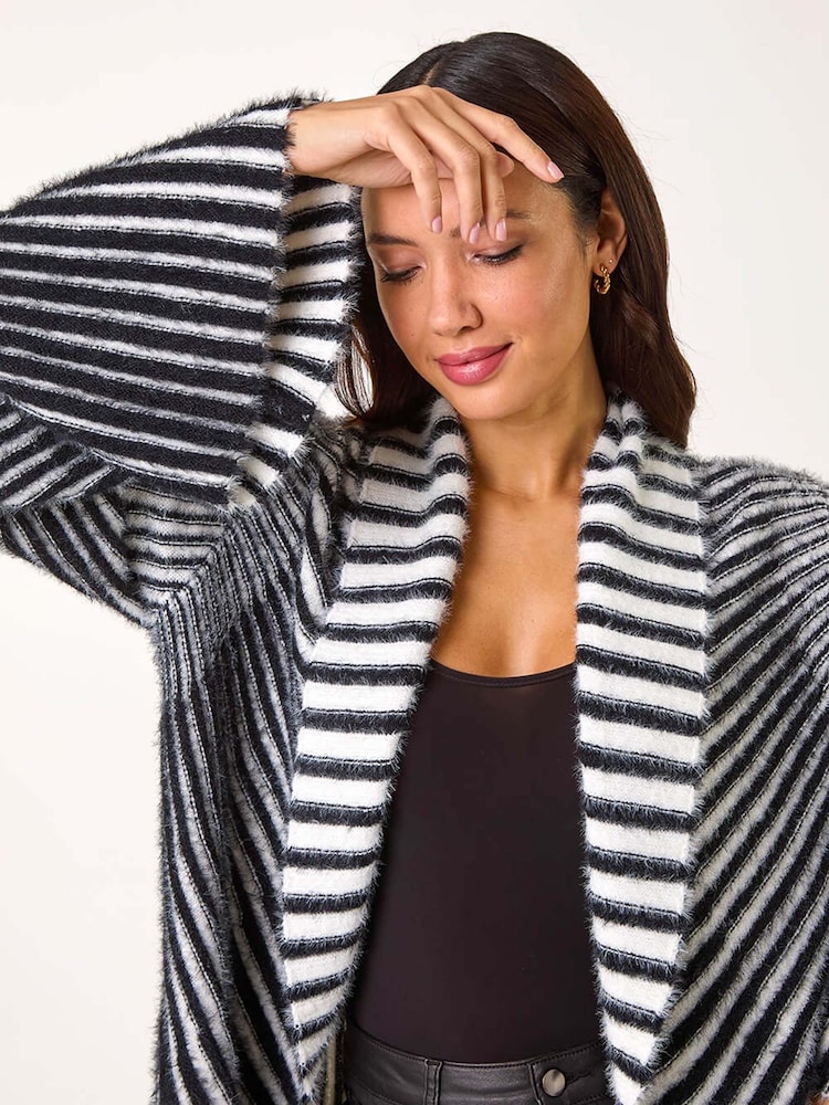 Roman Black Shawl Fluffy Striped Knit Cardigan - Image 2 of 5