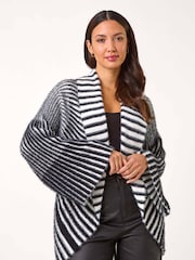 Roman Black Shawl Fluffy Striped Knit Cardigan - Image 4 of 5