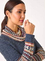 Roman Blue Abstract Print Roll Neck Knit Jumper - Image 1 of 5