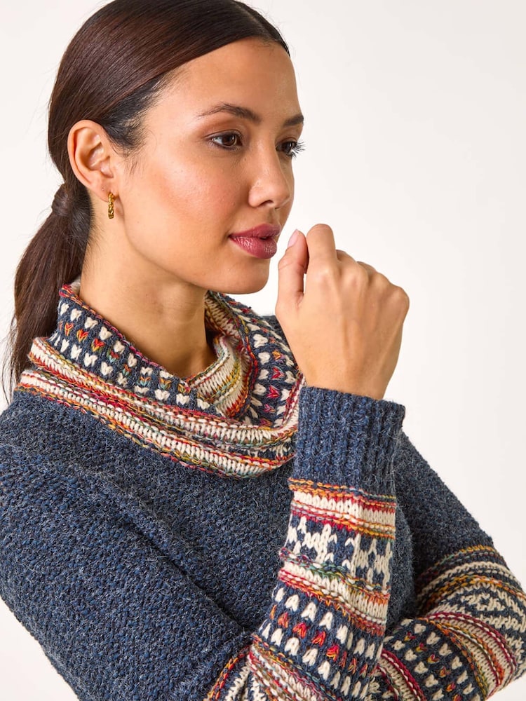Roman Blue Abstract Print Roll Neck Knit Jumper - Image 1 of 5