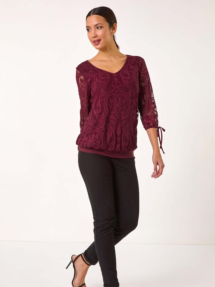Roman Purple Burnout Print V-Neck Overlay Mesh Top - Image 1 of 5