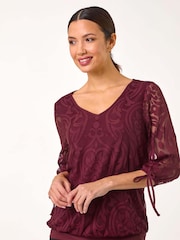 Roman Purple Burnout Print V-Neck Overlay Mesh Top - Image 3 of 5