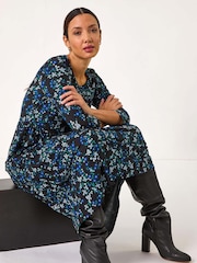 Roman Blue Gathered Waist Floral Print Midi Dress - Image 1 of 5