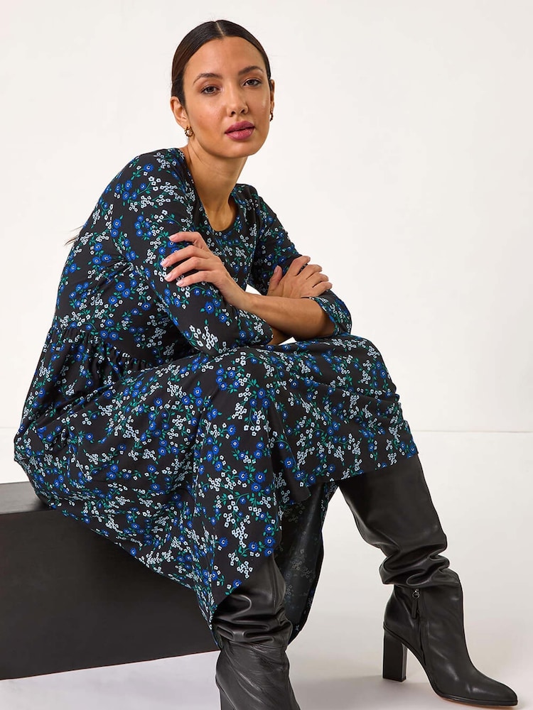 Roman Blue Gathered Waist Floral Print Midi Dress - Image 1 of 5