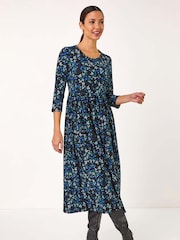 Roman Blue Gathered Waist Floral Print Midi Dress - Image 2 of 5