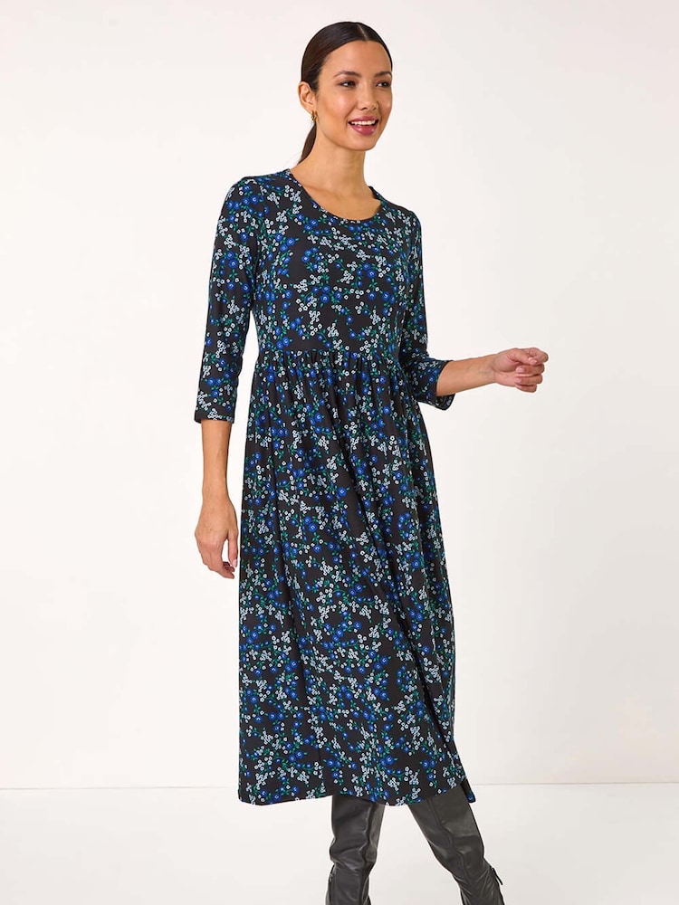 Roman Blue Gathered Waist Floral Print Midi Dress - Image 2 of 5