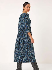 Roman Blue Gathered Waist Floral Print Midi Dress - Image 3 of 5