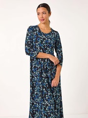 Roman Blue Gathered Waist Floral Print Midi Dress - Image 4 of 5