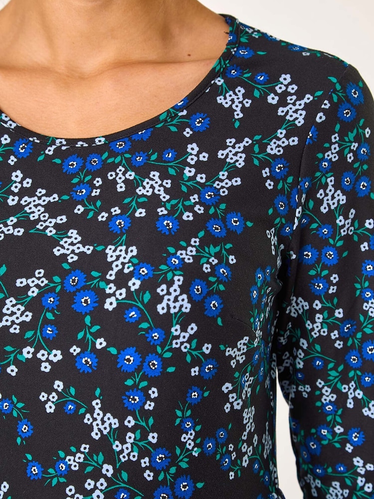 Roman Blue Gathered Waist Floral Print Midi Dress - Image 5 of 5