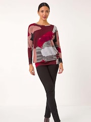 Roman Red Abstract Print Banded Hem Top - Image 2 of 5