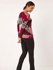 Roman Red Abstract Print Banded Hem Top - Image 3 of 5