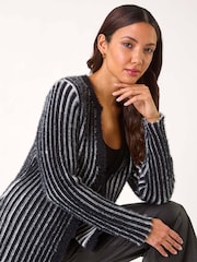 Roman Black Fluffy Striped Knit Cardigan - Image 1 of 5