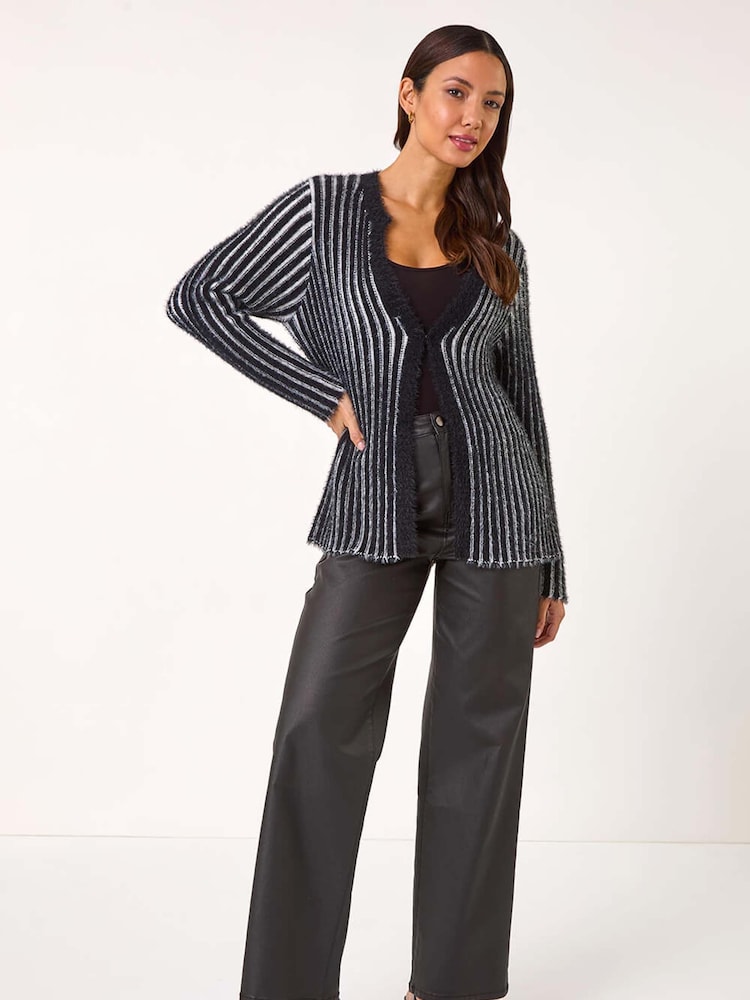 Roman Black Fluffy Striped Knit Cardigan - Image 2 of 5