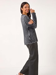 Roman Black Fluffy Striped Knit Cardigan - Image 3 of 5