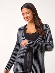 Roman Black Fluffy Striped Knit Cardigan - Image 4 of 5