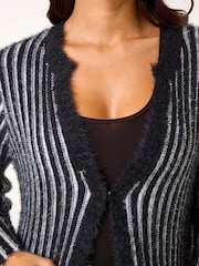 Roman Black Fluffy Striped Knit Cardigan - Image 5 of 5