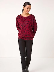Roman Red Leaf Print Round Neck Top - Image 2 of 5