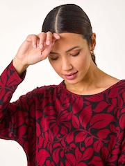 Roman Red Leaf Print Round Neck Top - Image 4 of 5
