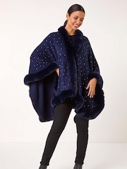 Roman Blue Hotfix Detail Faux Fur Trim Cape - Image 1 of 5