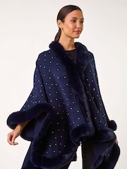 Roman Blue Hotfix Detail Faux Fur Trim Cape - Image 2 of 5