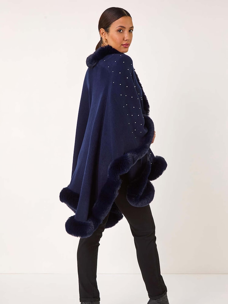 Roman Blue Hotfix Detail Faux Fur Trim Cape - Image 3 of 5