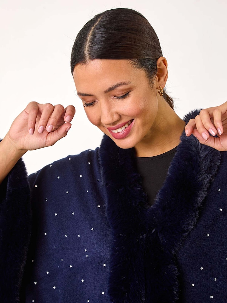 Roman Blue Hotfix Detail Faux Fur Trim Cape - Image 4 of 5