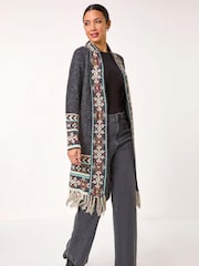 Roman Grey Nordic Pattern Fringe Hem Cardigan - Image 1 of 5