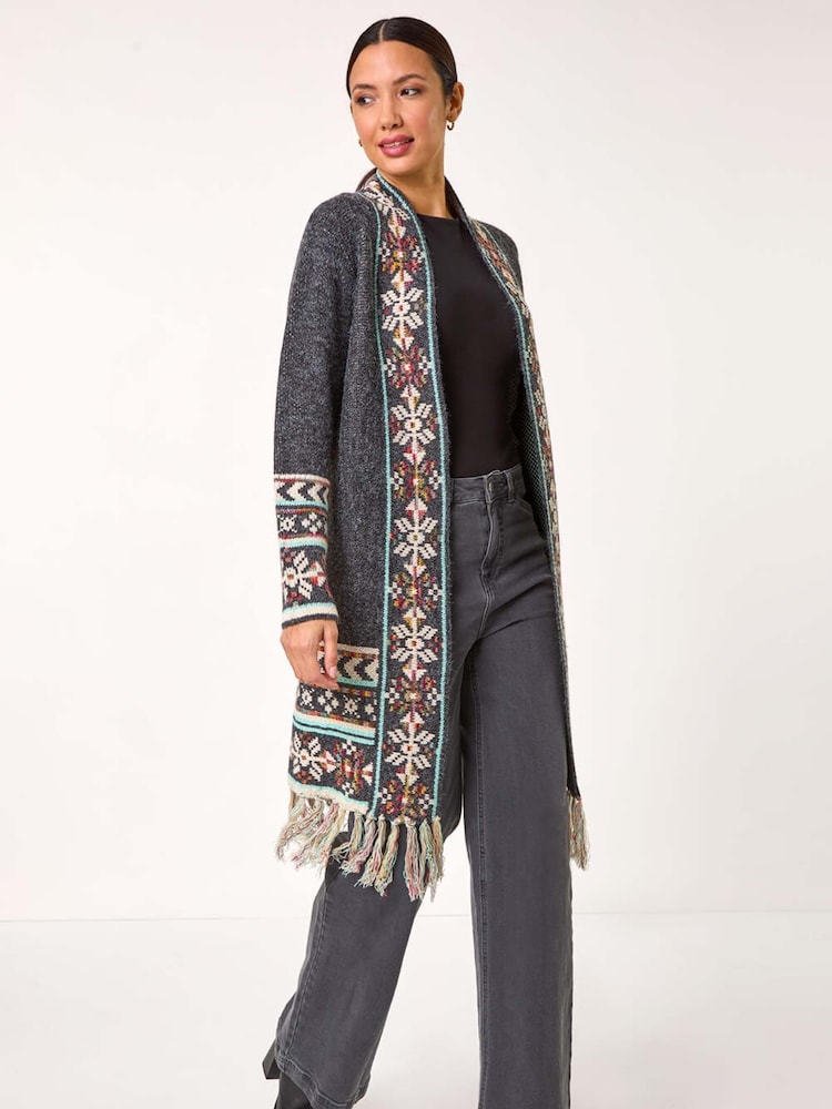 Roman Grey Nordic Pattern Fringe Hem Cardigan - Image 1 of 5