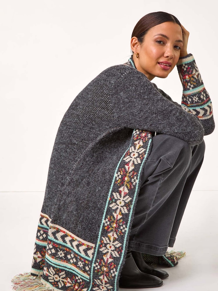 Roman Grey Nordic Pattern Fringe Hem Cardigan - Image 2 of 5
