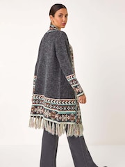 Roman Grey Nordic Pattern Fringe Hem Cardigan - Image 3 of 5