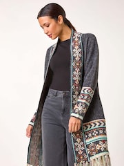 Roman Grey Nordic Pattern Fringe Hem Cardigan - Image 4 of 5