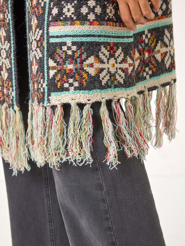 Roman Grey Nordic Pattern Fringe Hem Cardigan - Image 5 of 5