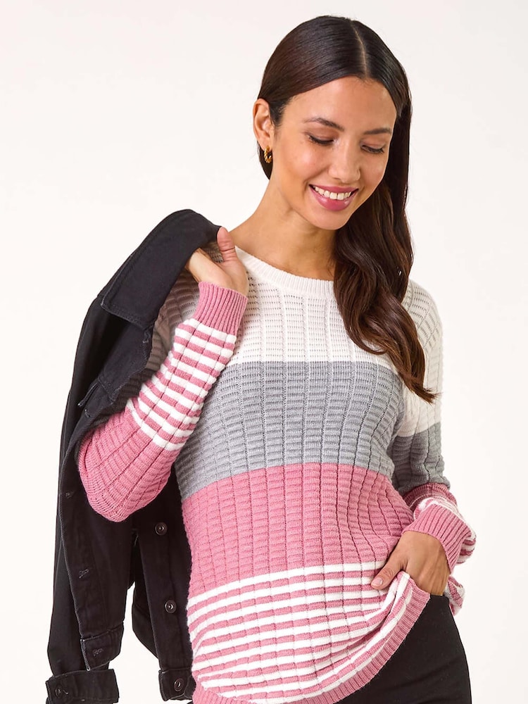 Roman Pink Textured Stripe Knitted Jumper - Image 2 of 5 Roman Pink Textured Stripe Knitted Jumper - Image 2 of 5