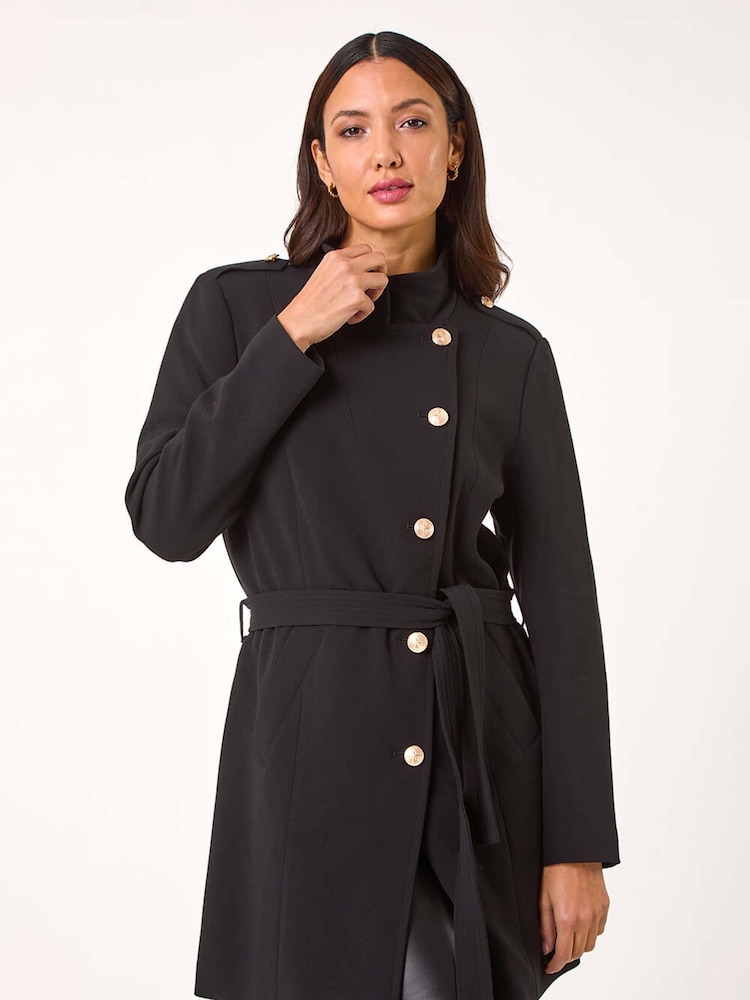 Roman Black Funnel Neck Buttoned Coat - Image 2 of 5