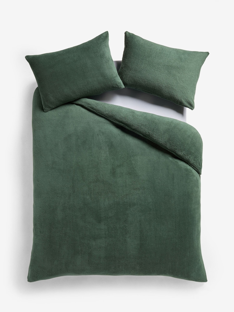 Dark Green Teddy Fleece Duvet Cover and Pillowcase Set - Image 1 of 5