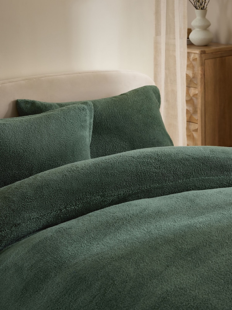 Dark Green Teddy Fleece Duvet Cover and Pillowcase Set - Image 4 of 4